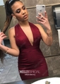 Burgundy Mermaid V-neck Satin Cut Out Prom Dresses