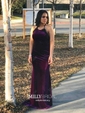 Sheath/Column Sweep Train Scoop Neck Velvet Spaghetti Straps Appliques Lace Prom Dresses