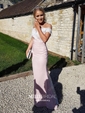 Trumpet/Mermaid Off-the-shoulder Silk-like Satin Sweep Train Appliques Lace Prom Dresses