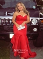 Red Mermaid Strapless Satin Ruffle Tiered Prom Dresses