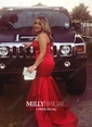 Red Mermaid Strapless Satin Ruffle Tiered Prom Dresses