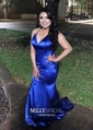 Mermaid V-neck Backless Satin Prom Dresses With Ruched