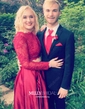 Ball Gown Illusion Lace Satin Long Sleeves Two Piece Prom Dresses