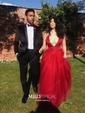 Black A-line V-neck Floor-length Tulle Prom Dresses With Split