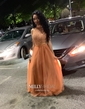 Ball Gown High Neck Tulle Cut Out Prom Dresses With Beading