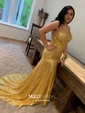 Mermaid V-neck Backless Sparkly Sequin Prom Dresses