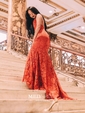 Burgundy Mermaid V-neck Lace Backless Prom Dresses