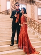 Burgundy Mermaid V-neck Lace Backless Prom Dresses
