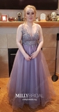 Ball Gown V-neck Floor-length Tulle Prom Dresses With Appliques