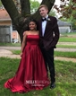 Burgundy Ball Gown Strapless Satin Prom Dresses