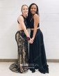 A-line Illusion Chiffon Two Piece Prom Dresses With Split