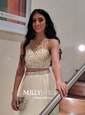 A-line Scoop Neck Chiffon Tulle Two Piece Prom Dresses With Beading