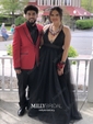 Black A-line V-neck Floor-length Tulle Prom Dresses With Split