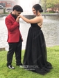 Black A-line V-neck Floor-length Tulle Prom Dresses With Split