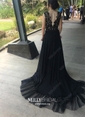 Black A-line Illusion Chiffon Tulle Prom Dresses With Appliques