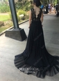 A-line Sweep Train Scoop Neck Chiffon Tulle Long Sleeves Appliques Lace Prom Dresses