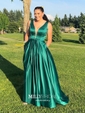 Princess V-neck Satin Sweep Train Sashes / Ribbons Prom Dresses