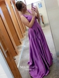 Princess V-neck Satin Sweep Train Pockets Prom Dresses