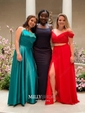 A-line Sweep Train Scoop Neck Silk-like Satin Pockets Prom Dresses