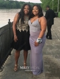 Sheath/Column V-neck Floor-length Jersey Prom Dresses With Appliques