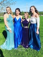 Ball Gown Off-the-shoulder Lace Satin Floor-length Pockets Prom Dresses