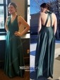 Ball Gown V-neck Satin Floor-length Cut Out Prom Dresses With Bow