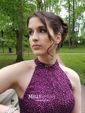 Ball Gown High Neck Tulle Cut Out Prom Dresses With Beading