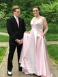 Ball Gown/Princess Sweep Train V-neck Satin Pockets Prom Dresses
