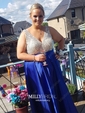 Ball Gown V-neck Backless Satin Prom Dresses With Beading