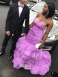 Mermaid Strapless Tulle Ruffle Tiered Prom Dresses With Ruched