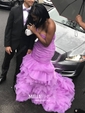 Mermaid Strapless Tulle Ruffle Tiered Prom Dresses With Ruched