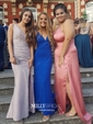 Sheath/Column Sweep Train V-neck Jersey Ruffles Prom Dresses