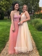 Ball Gown V-neck Floor-length Tulle Prom Dresses With Appliques