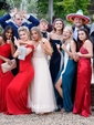 Ball Gown V-neck Floor-length Tulle Prom Dresses With Appliques
