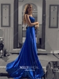 A-line Sweep Train Scoop Neck Silk-like Satin Pockets Prom Dresses