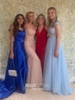 A-line Sweep Train Scoop Neck Silk-like Satin Pockets Prom Dresses