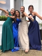 A-line Sweep Train Scoop Neck Silk-like Satin Pockets Prom Dresses