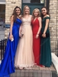 A-line Sweep Train Scoop Neck Silk-like Satin Pockets Prom Dresses