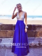Ball Gown V-neck Backless Satin Prom Dresses With Beading