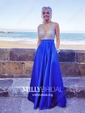 Ball Gown V-neck Backless Satin Prom Dresses With Beading
