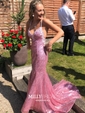 Trumpet/Mermaid Sweep Train V-neck Sequined Appliques Lace Prom Dresses