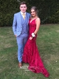 Burgundy Mermaid V-neck Lace Backless Prom Dresses