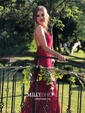 Burgundy Mermaid V-neck Lace Backless Prom Dresses
