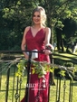 Burgundy Mermaid V-neck Lace Backless Prom Dresses