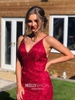 Burgundy Mermaid V-neck Lace Backless Prom Dresses