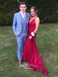 Burgundy Mermaid V-neck Lace Backless Prom Dresses