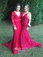 Burgundy Mermaid V-neck Lace Backless Prom Dresses