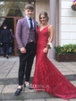 Burgundy Mermaid V-neck Lace Backless Prom Dresses