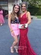 Burgundy Mermaid V-neck Lace Backless Prom Dresses