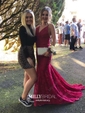 Burgundy Mermaid V-neck Lace Backless Prom Dresses